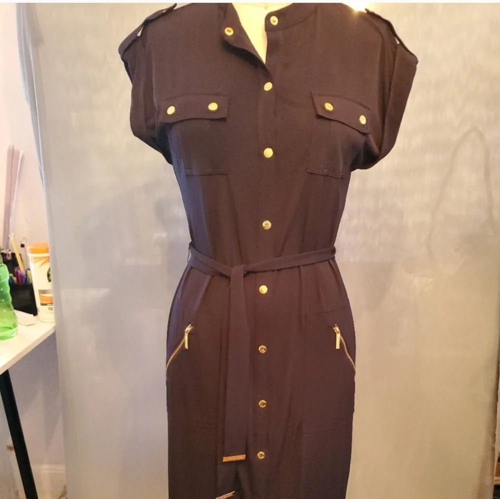 Michael Kors Dark Blue Buttoned Military Style Dress